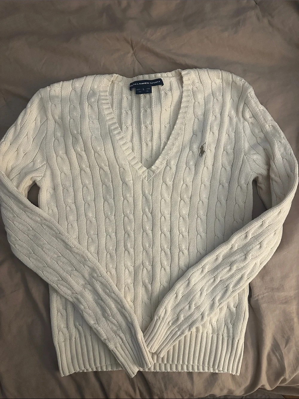 Ralph Lauren Cream Cable-Knit V-Neck Sweater
